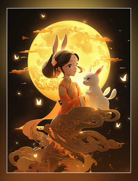 一个可爱的小仙女穿着古装和一只兔子在女孩身边玩耍月饼祥云月亮中秋节皮克斯风格