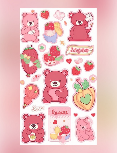 粉色草莓可爱的熊夏季贴纸可爱贴纸