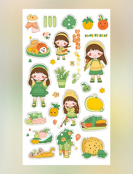 夏季贴纸可爱的女孩贴纸活泼的春天绿色和黄色卷心菜萝卜