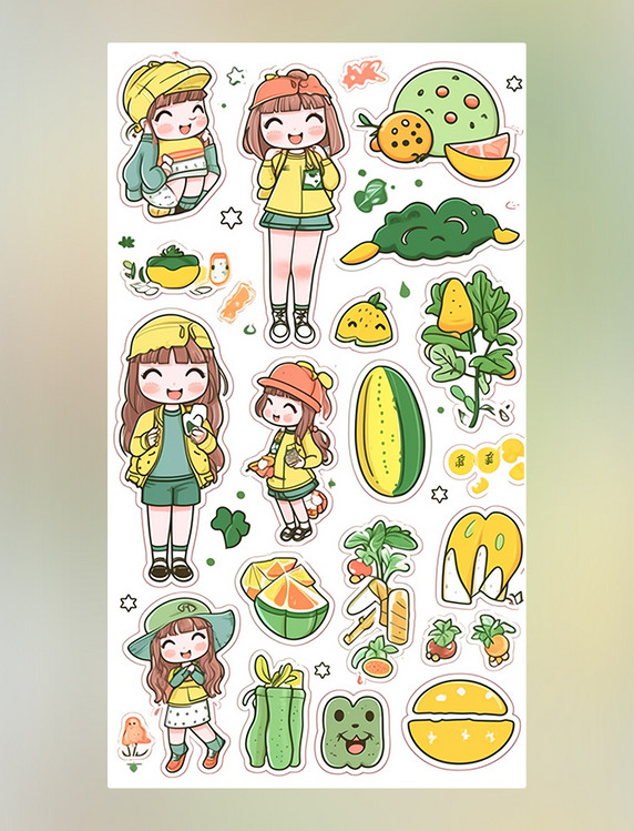 夏季贴纸可爱的女孩贴纸活泼的春天绿色和黄色卷心菜萝卜南瓜