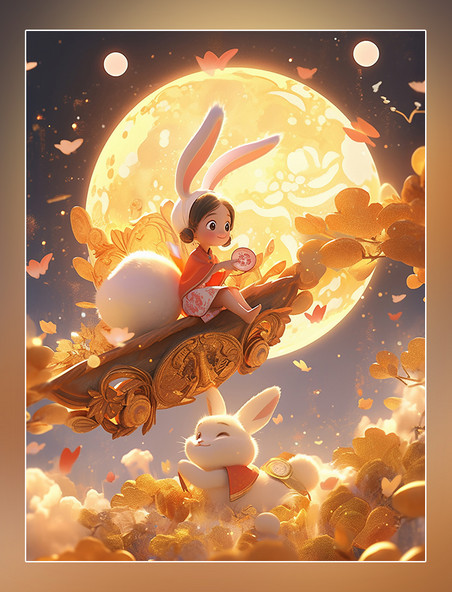 皮克斯风格中秋节一个可爱的小仙女穿着古装和一只兔子在女孩身边玩耍月饼祥云月亮