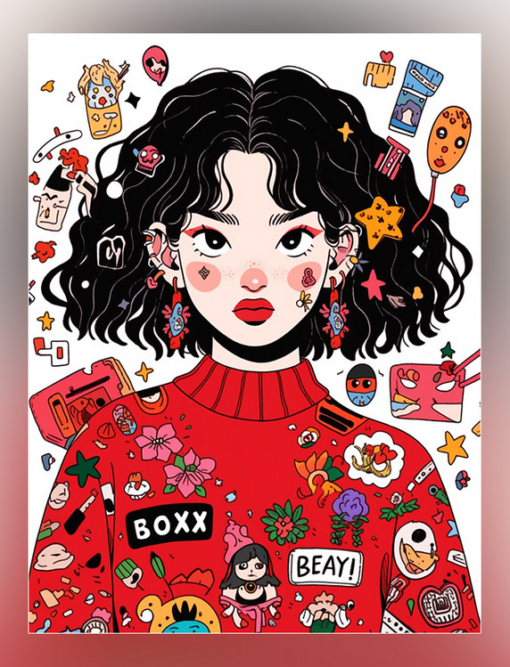 红色扁平风多巴胺女孩很酷的穿搭卡通插画