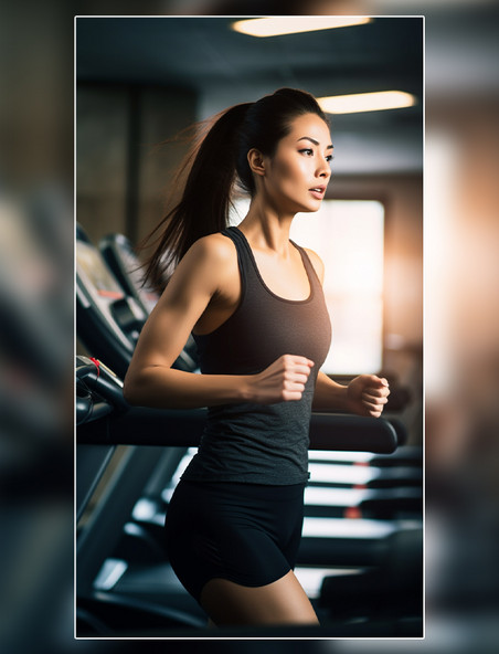 健身房中跑步机上的亚洲女子健康生活方式
