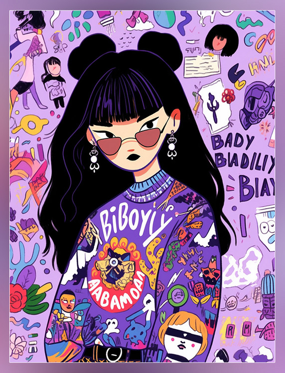 紫色扁平风多巴胺女孩很酷的穿搭卡通插画