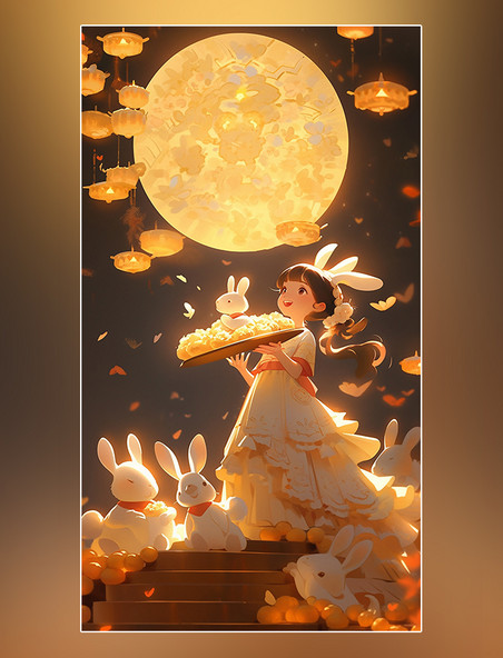 玉兔桂花树月饼灯笼中秋节传统节日卡通插画嫦娥