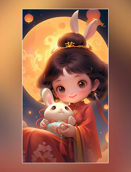 桂花树月饼灯笼中秋节传统节日卡通插画可爱小女孩嫦娥玉兔