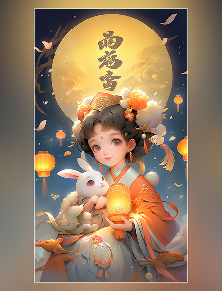 传统节日中秋节卡通插画可爱小女孩嫦娥玉兔桂花树月饼灯笼