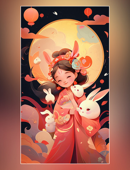 中秋节传统节日可爱小女孩嫦娥玉兔桂花树月饼灯笼卡通插画