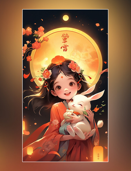 中秋节玉兔桂花树月饼灯笼传统节日卡通插画可爱小女孩嫦娥
