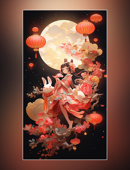 中秋节传统节日卡通插画玉兔桂花树月饼灯笼嫦娥