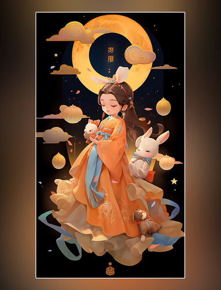 可爱小女孩嫦娥玉兔桂花树月饼灯笼中秋节传统节日卡通插画