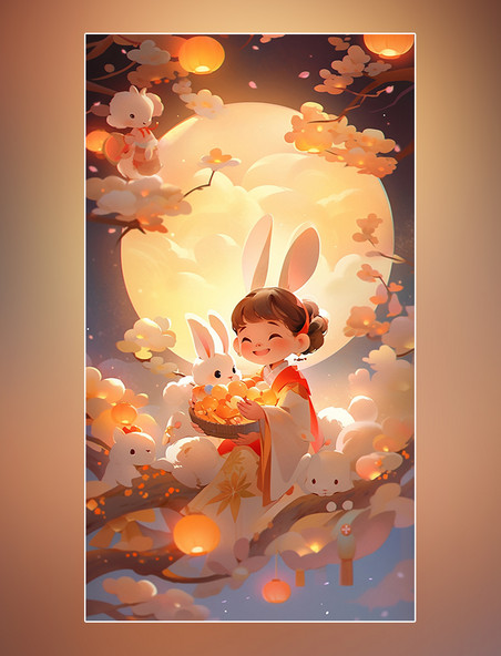 中秋节传统节日皮克斯风格卡通插画嫦娥玉兔桂花树月饼灯笼