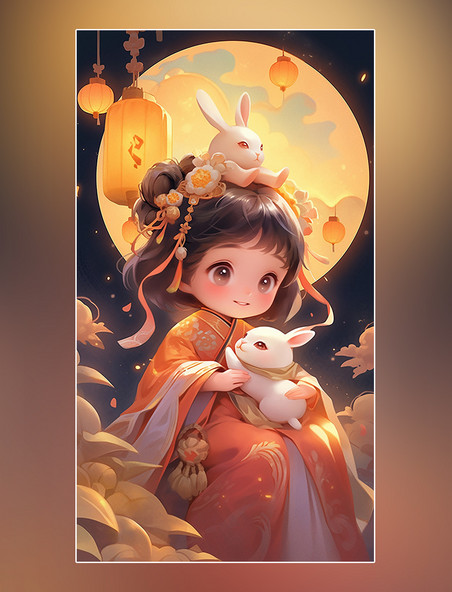 中秋节传统节日卡通插画可爱小女孩嫦娥玉兔桂花树月饼
