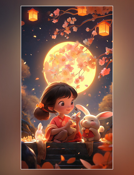 月饼灯笼皮克斯风格中秋节传统节日卡通插画嫦娥玉兔桂花树