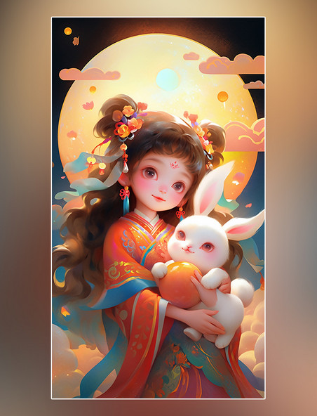 中秋节传统节日卡通插画玉兔桂花树月饼灯笼可爱小女孩嫦娥