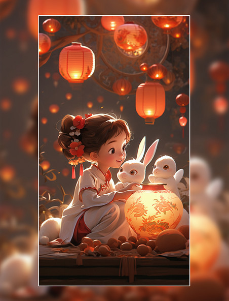中秋节中国风女孩月饼兔子孔明灯