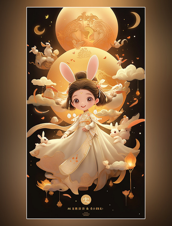 卡通插画中秋节传统节日可爱小女孩嫦娥玉兔桂花树月饼灯笼