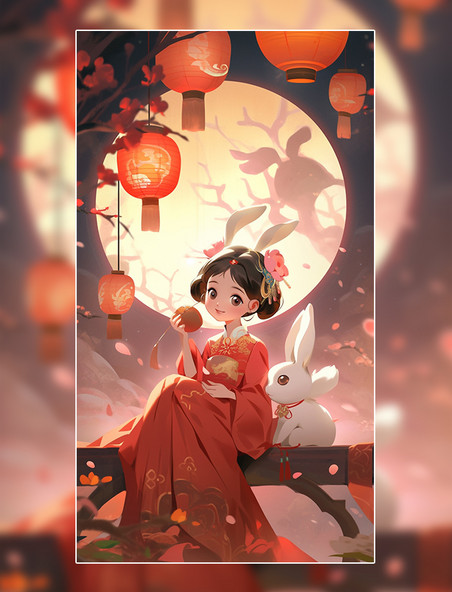 中秋节中国风人物女孩月饼白兔