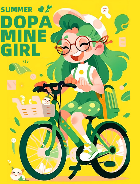 多巴胺潮流女孩蓝色绿色撞色插画骑车骑行