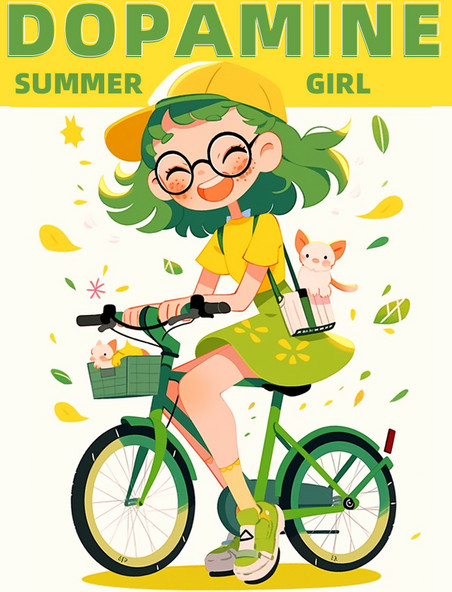 夏季多巴胺潮流女孩插画骑车骑行