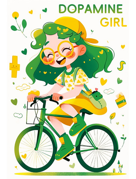 多巴胺潮流女孩插画黄色绿色撞色插画骑车骑行
