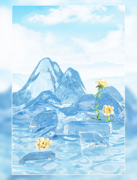 3D立体夏日夏天冰山水面冰块花朵场景