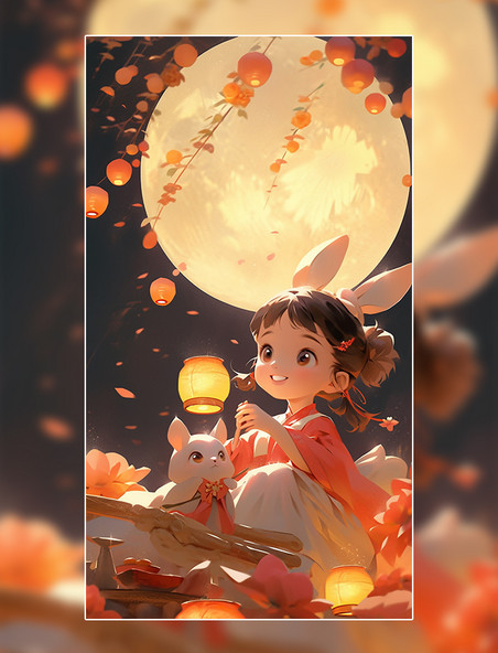 中秋节中国风女孩兔子明月插画