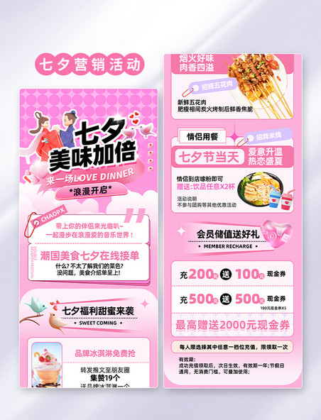 粉色创意七夕节餐饮美食借势营销活动长图