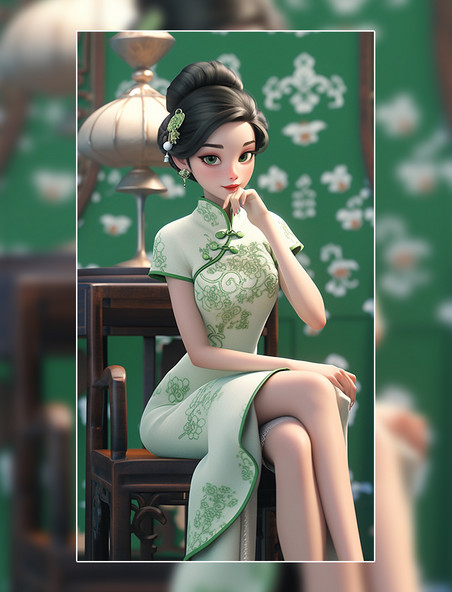 绿色旗袍美女丸子头戴发卡中国风国潮3D人物