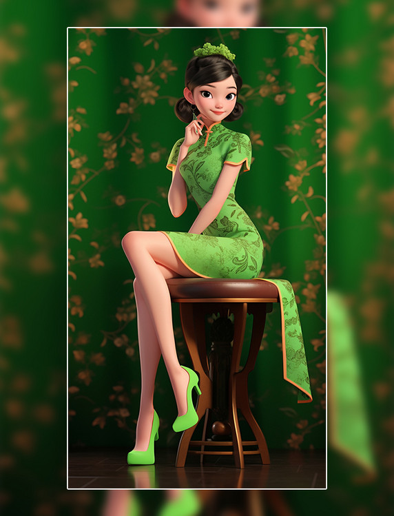 穿高跟鞋女士绿色旗袍美女中国风国潮3D人物