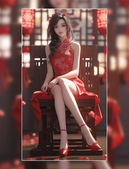 红色旗袍美女戴头花女中国风国潮3D人物士
