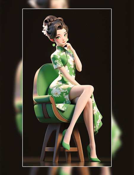 绿色旗袍美女插画中国风国潮3D人物