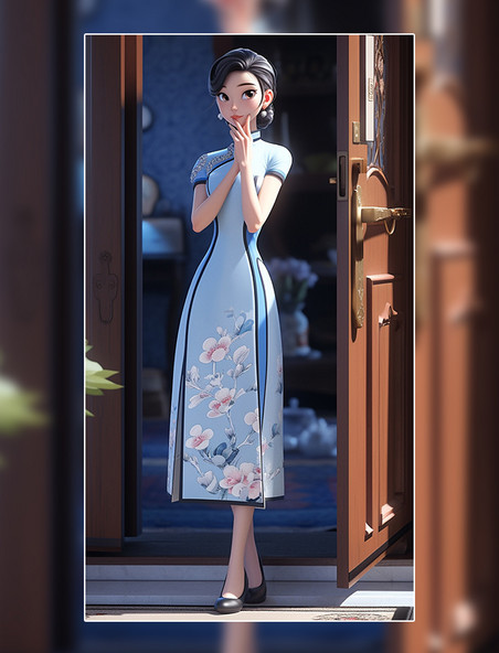 蓝色旗袍美女插画中国风国潮3D人物