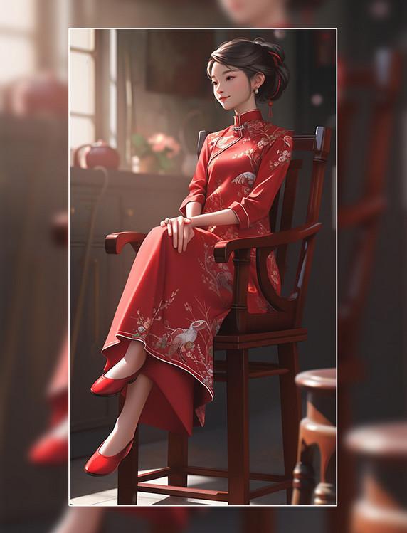 红色旗袍美女插画中国风国潮3D人物