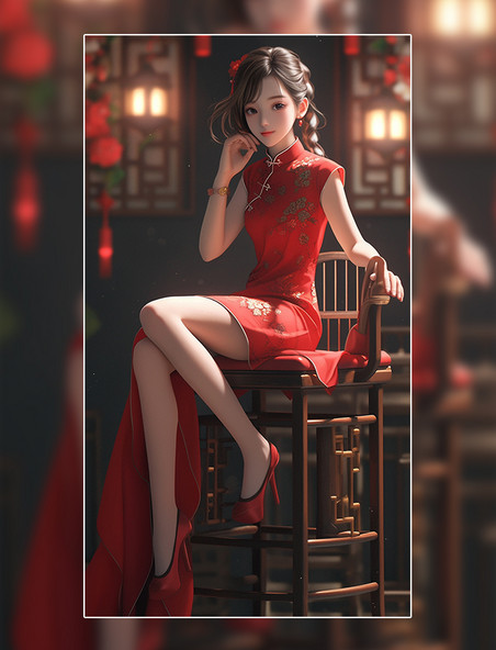 红色穿高跟鞋旗袍美女 中国风国潮3D人物
