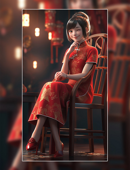红色旗袍美女居家女士中国风国潮3D人物