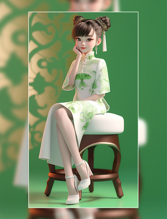 绿色花纹旗袍美女中国风国潮3D人物