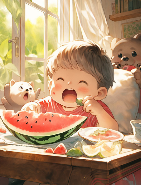 暑假夏天吃西瓜插画海报