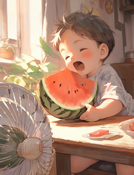夏季吃西瓜的小男孩插画
