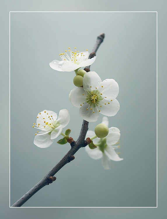 摄影图特写梅花浅黄色和灰绿色花朵