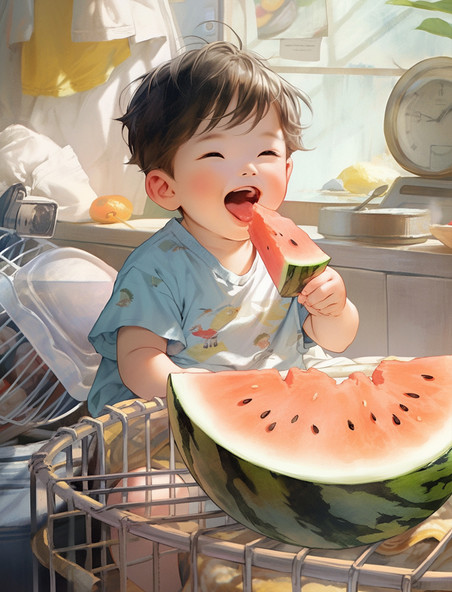 夏至夏季吃西瓜的男孩童年插画