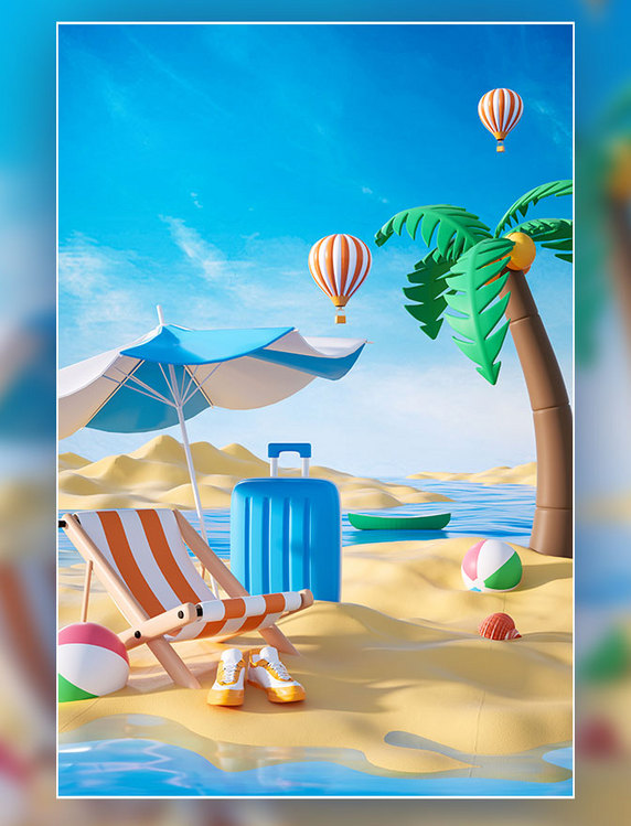 3D立体原创阳光沙滩海边度假夏日电商促销场景海报