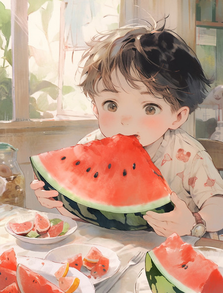 夏天暑假假期吃西瓜小男孩插画海报