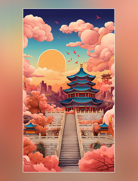 中国风中国北京长城和天坛建筑国庆节迷幻漫画扁平风插画