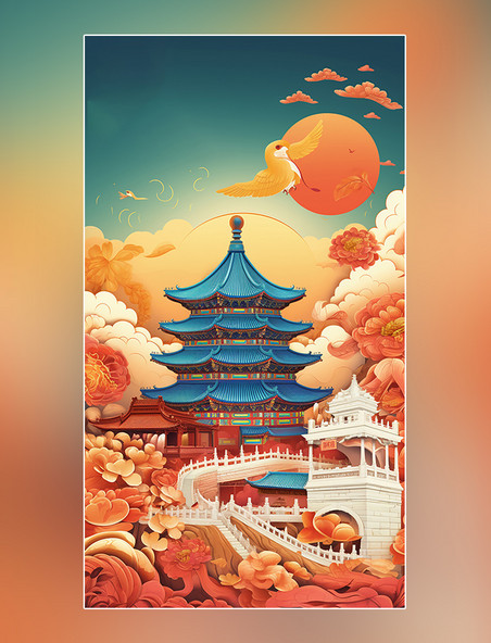 中国风建筑扁平风插画国庆节中国北京长城和天坛迷幻漫画
