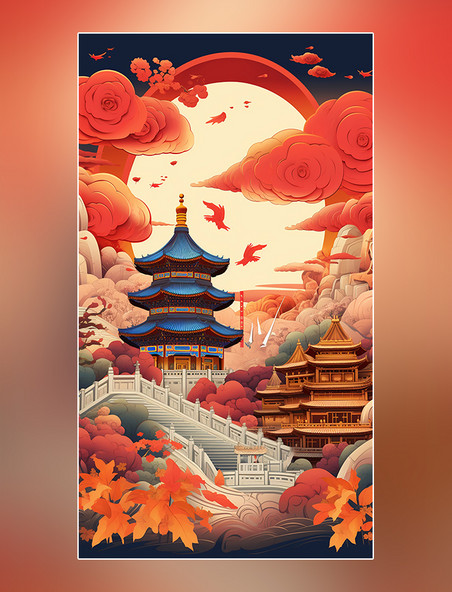中国风建筑国庆节中国扁平风插画北京长城和天坛迷幻漫画