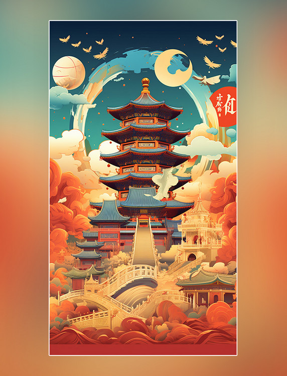中国风建筑国庆节中国北京长城和天坛迷幻漫画