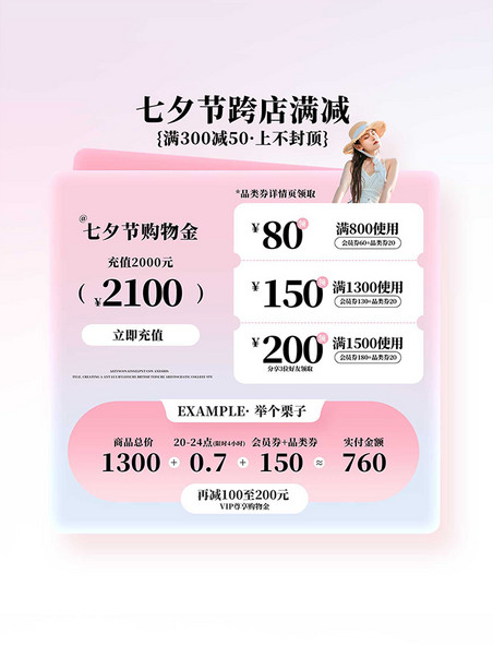 七夕情人节粉色情人节电商促销优惠券模板