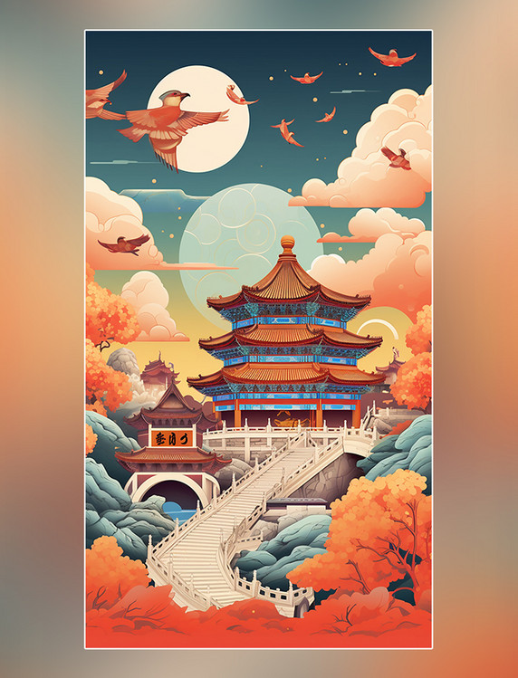 建筑国庆节中国北京长城和天坛迷幻漫画扁平风插画