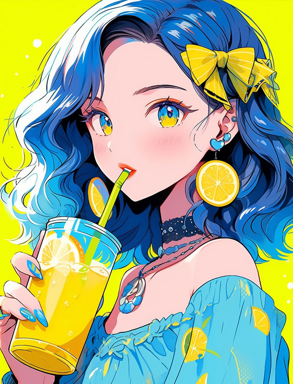 多巴胺女孩黄色蓝色和果汁女孩插画